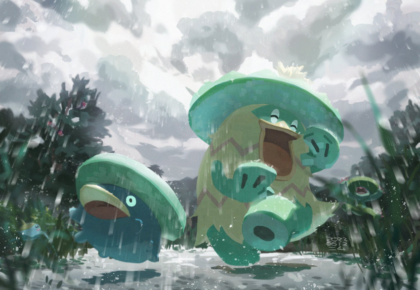 closed_eyes clouds dancing day evolutionary_line happy lombre lotad ludicolo open_mouth outdoors pokemon pokemon_(creature) ponimu puddle rain sky surskit symbol-only_commentary tongue water