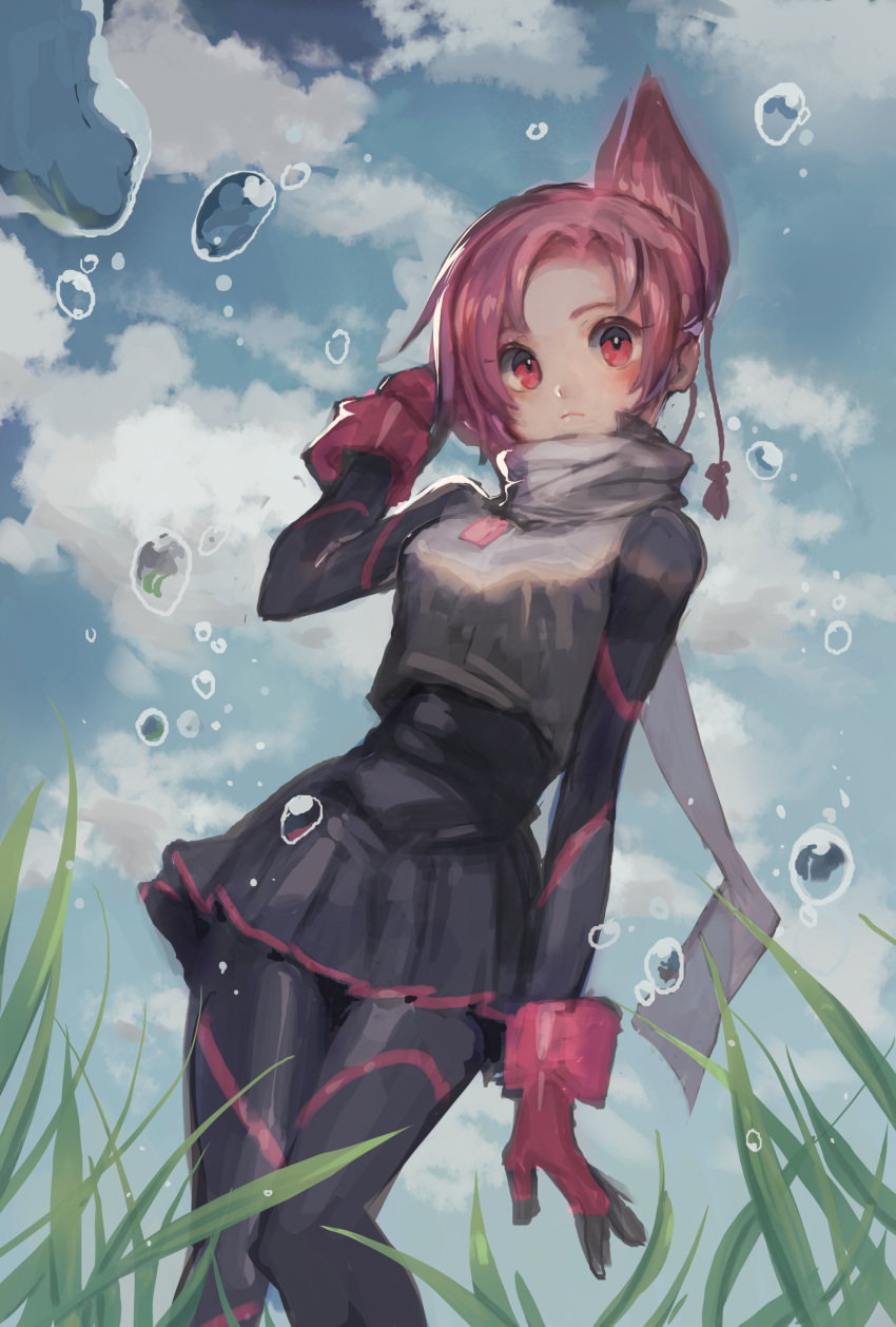 1girl absurdres arm_up black_legwear black_skirt blue_sky breasts closed_mouth commentary_request fingerless_gloves frown gloves grass hand_on_own_head high-waist_skirt highres kemurikusa miniskirt pantyhose pink_gloves pink_hair purple_gloves red_eyes rin_(kemurikusa) scarf simple_background skirt sky solo tanakalma thigh-highs water water_drop white_scarf