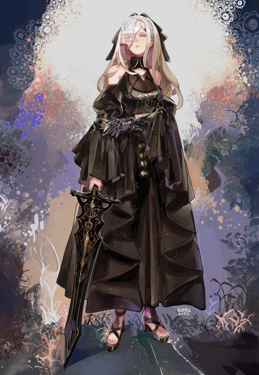 1girl absurdres artist_name bangs bare_shoulders black_dress bow breasts dated detached_sleeves drag-on_dragoon drag-on_dragoon_3 dress flower flower_over_eye hair_bow hair_over_one_eye halter_dress halterneck highres kohiu long_hair long_sleeves mechanical_arms nier_(series) nier_reincarnation official_alternate_costume parted_lips pink_eyes prosthesis prosthetic_arm single_mechanical_arm solo toeless_footwear white_hair zero_(drag-on_dragoon)