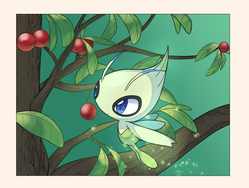 antennae berry blue_eyes border celebi closed_mouth commentary_request flying green_background leaf no_humans pokemon pokemon_(creature) solo tyako_089 white_border