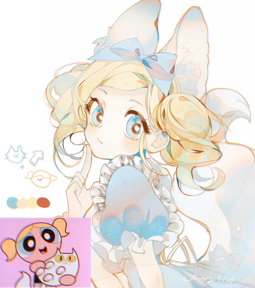 1girl animal_ear_fluff animal_ears artist_name blonde_hair blue_bow blue_eyes bow bubbles_(ppg) cat cat_tail cha_brown color_guide extra_ears finger_to_own_chin frilled_sleeves frills hair_bow highres index_finger_raised long_hair looking_at_viewer multiple_views powerpuff_girls_z reference_inset short_sleeves short_twintails simple_background tail tail_bow tail_ornament twintails upper_body white_background white_bow