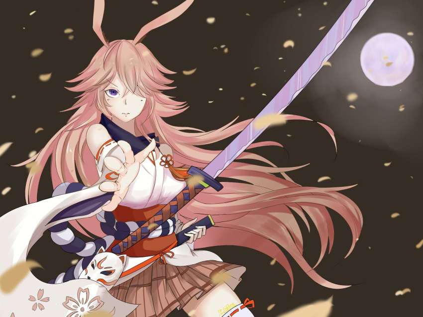 1girl animal_ears bangs bare_shoulders cljen closed_mouth fox_ears fox_mask full_moon hair_over_one_eye highres holding honkai_(series) honkai_impact_3rd japanese_clothes katana long_hair looking_at_viewer mask miko moon night night_sky outdoors outstretched_arm pink_hair pink_skirt sheath skirt sky sword thigh-highs upper_body violet_eyes weapon white_sleeves yae_sakura yae_sakura_(gyakushinn_miko)