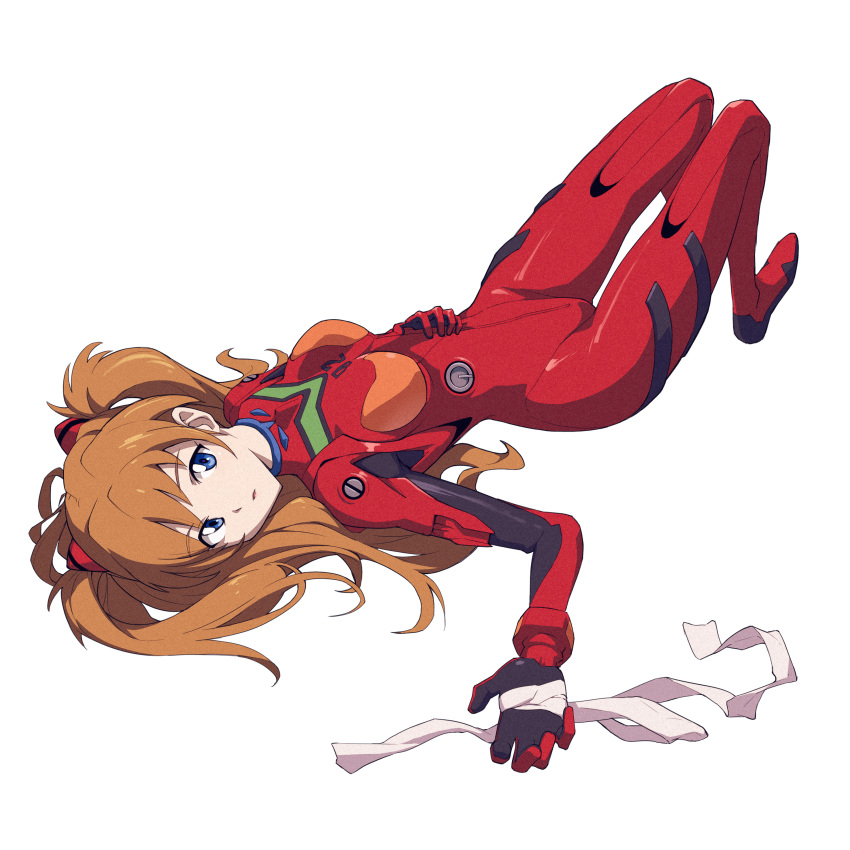 1girl absurdres arukiru bandages blue_eyes brown_hair eyebrows_visible_through_hair film_grain hand_on_own_stomach highres light_brown_hair long_hair lying neon_genesis_evangelion on_back parted_lips plugsuit simple_background solo souryuu_asuka_langley twintails white_background