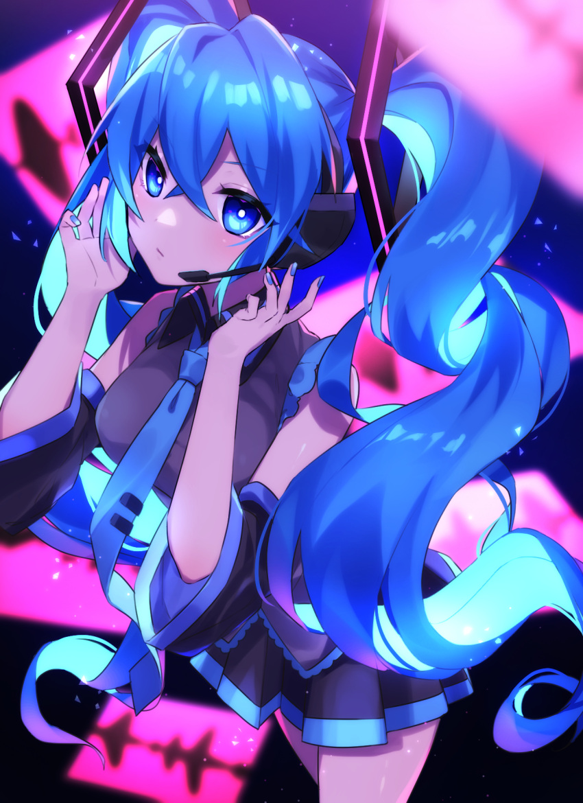1girl black_background blue_background blue_eyes blue_hair blush closed_mouth hatsune_miku headphones hibikase_(vocaloid) highres long_hair looking_at_viewer multicolored_background nail_polish pink_background solo soramame_pikuto twintails vocaloid