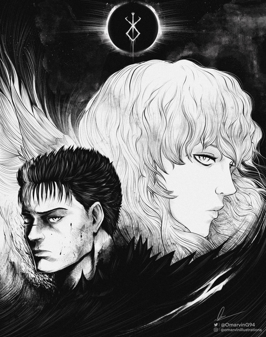 2boys absurdres berserk blood blood_on_face brand_of_sacrifice eclipse expressionless greyscale griffith_(berserk) guts_(berserk) highres instagram_username male_focus marvin_(omarvin) monochrome multiple_boys one_eye_closed scar scar_on_face scar_on_nose signature twitter_username