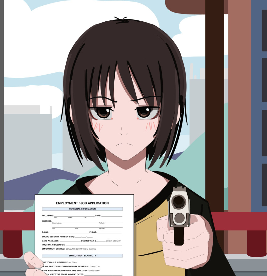 1girl black_shirt blue_sky blush brown_eyes brown_hair building city closed_mouth clouds cloudy_sky collarbone day door english_commentary gun half-closed_eyes handgun hands_up highres holding holding_gun holding_paper holding_weapon job_application_form_(meme) kurokimoko long_sleeves looking_at_viewer meme nakahara_misaki nhk_ni_youkoso! outdoors paper shirt short_hair sky skyscraper solo split_mouth two-tone_shirt upper_body weapon yellow_shirt