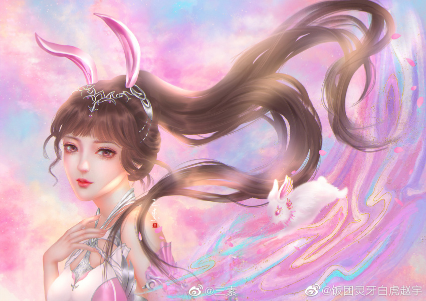 1girl animal_ears brown_hair disembodied_limb douluo_dalu dress falling_petals fantuan_ling_yabai_hu_zhao_yu from_side hair_ornament hand_on_own_chest highres long_hair petals pink_dress ponytail rabbit rabbit_ears smile solo upper_body xiao_wu_(douluo_dalu)