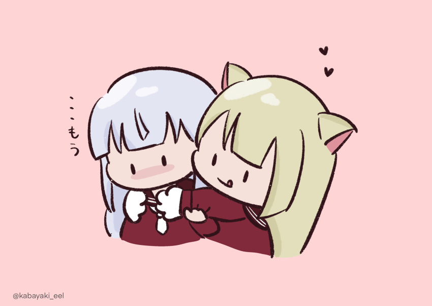 2girls :q animal_ears animal_hands arms_around_neck assault_lily bangs blonde_hair blunt_bangs blush brown_sailor_collar cat_ears cat_girl chibi closed_mouth commentary cropped_torso gloves grey_hair hand_on_another's_arm hand_up hands_up heads_together heart highres hug hug_from_behind kabayaki_(kabayaki_eel) kanba_girls_high_school_uniform kemonomimi_mode kon_kanaho long_hair long_sleeves looking_at_another looking_away miyagawa_takane multiple_girls necktie no_mouth nose_blush paw_gloves pink_background red_shirt sailor_collar school_uniform serafuku shirt short_necktie simple_background solid_oval_eyes tongue tongue_out translation_request twitter_username upper_body white_necktie yuri