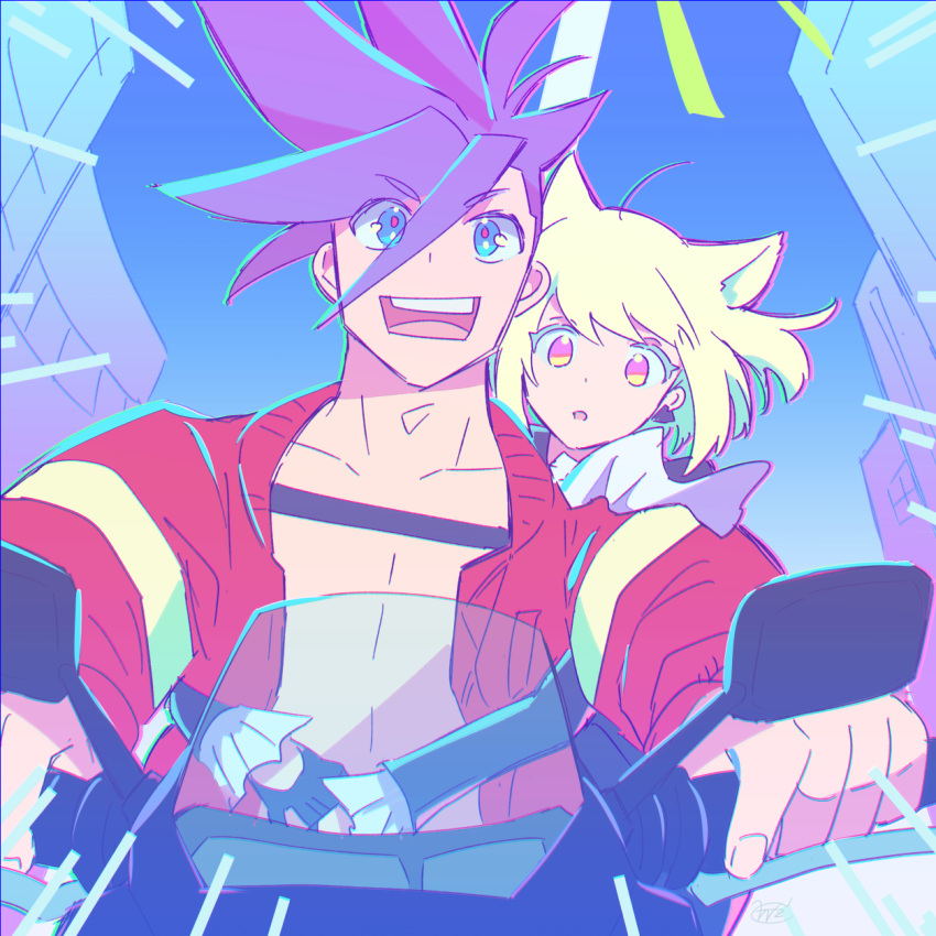 2boys :o androgynous animal_ears arms_around_waist black_gloves blue_eyes blue_hair cat_ears driving earrings galo_thymos gloves green_hair ground_vehicle highres jacket jewelry lio_fotia male_focus mohawk motor_vehicle motorcycle multiple_boys no_pupils open_clothes open_jacket open_mouth outdoors promare short_hair sidecut single_earring sky spiky_hair wazuka_(wzzc)