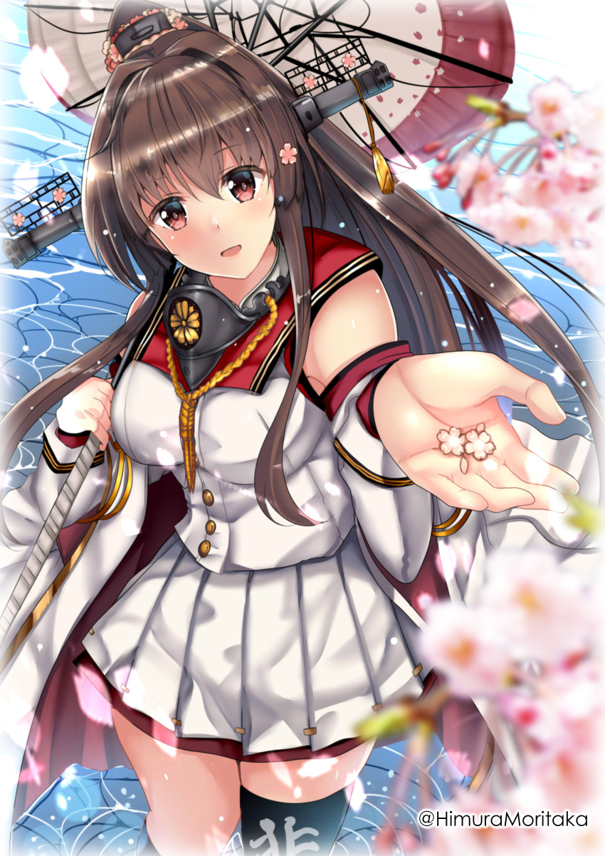 1girl absurdres asymmetrical_legwear blurry boots brown_eyes brown_hair cherry_blossoms clothes_writing coat collar depth_of_field foreshortening hair_intakes hair_ornament highres himura_moritaka kantai_collection long_hair metal_collar oil-paper_umbrella pleated_skirt ponytail sidelocks single_thigh_boot skirt sleeveless_coat solo standing thigh_boots umbrella water white_coat white_skirt yamato_(kancolle) yamato_kai_ni_(kancolle)