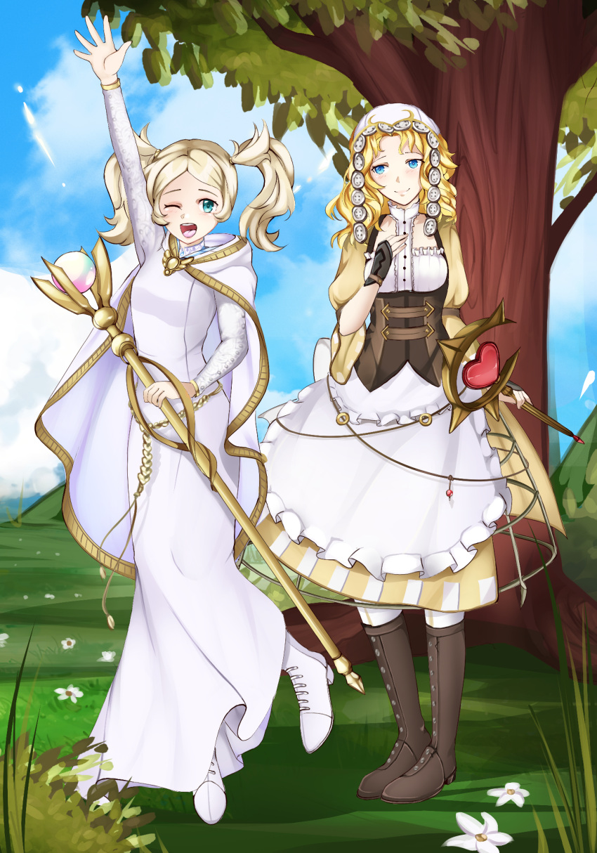 2girls apron arm_up bad_link beforedreams blonde_hair blue_eyes blue_sky boots cape clouds corset cosplay costume_switch day dress fire_emblem fire_emblem:_the_sacred_stones fire_emblem_awakening flower full_body grey_footwear hand_on_own_chest heart high_heel_boots high_heels highres holding holding_staff knee_boots lissa_(fire_emblem) lissa_(fire_emblem)_(cosplay) long_dress long_hair long_sleeves looking_at_another looking_at_viewer multiple_girls natasha_(fire_emblem) natasha_(fire_emblem)_(cosplay) one_eye_closed open_mouth outdoors puffy_short_sleeves puffy_sleeves short_sleeves sky smile staff standing tree twintails waist_apron white_apron white_cape white_dress white_flower white_footwear white_headwear yellow_dress