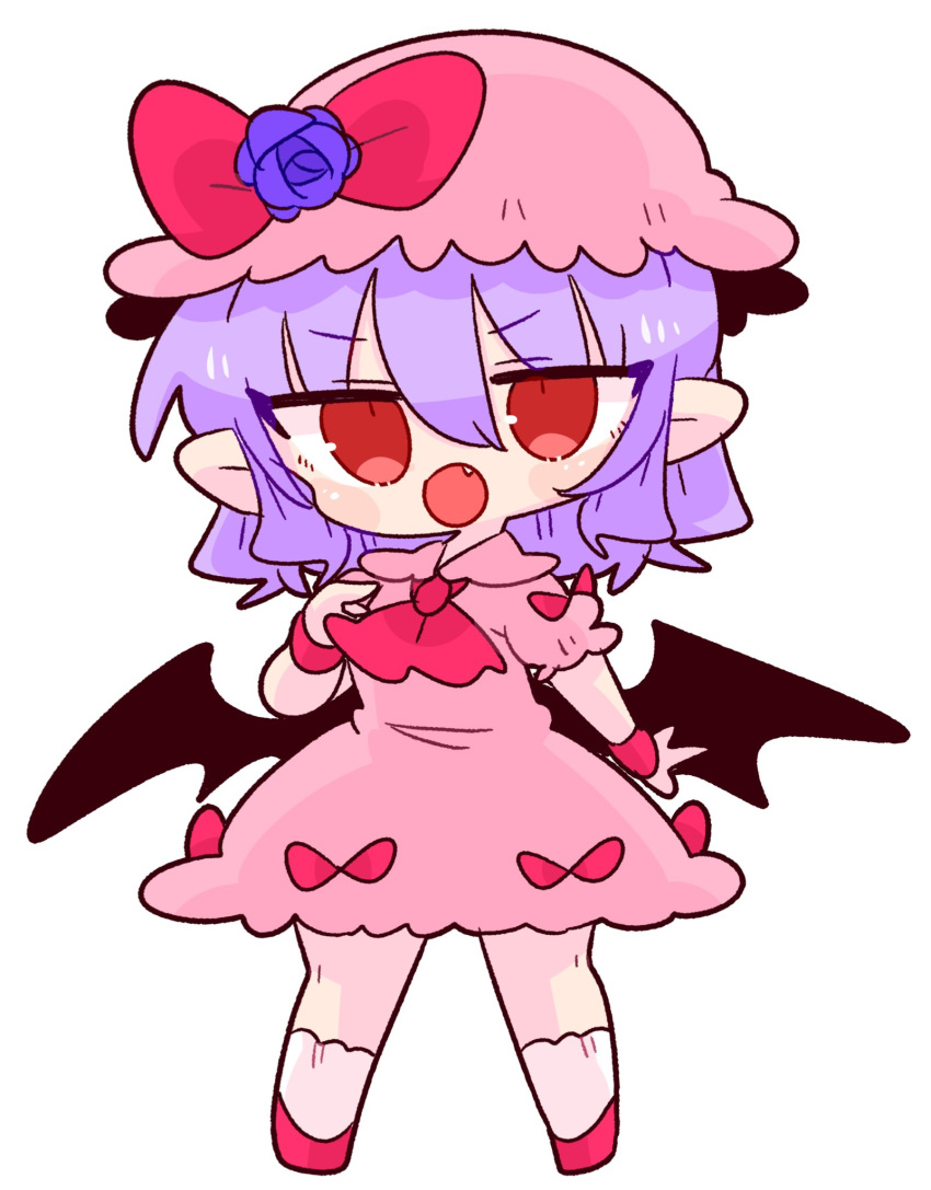 1girl ascot bat_wings blue_flower bow collared_dress dress fang flower frilled_dress frilled_shirt_collar frilled_sleeves frills hat hat_ribbon highres light_purple_hair mob_cap op_na_yarou pink_dress pink_headwear pointing pointing_at_self pointy_ears puffy_short_sleeves puffy_sleeves red_ascot red_bow red_eyes red_footwear red_ribbon remilia_scarlet ribbon short_hair short_sleeves simple_background skirt solo touhou v-shaped_eyebrows white_background white_skirt wings wrist_cuffs