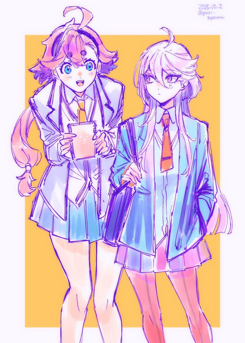 2girls bag black_hairband black_pantyhose blazer blue_eyes blue_jacket blue_skirt border closed_mouth commentary_request contemporary dated grey_jacket gundam gundam_suisei_no_majo gundam_suisei_no_majo:_seishun_frontier hairband highres hots_(gundam_suisei_no_majo) jacket long_hair miorine_rembran multiple_girls necktie open_mouth pantyhose ponytail red_hair red_necktie school_bag simple_background skirt smile suletta_mercury violet_eyes white_border white_hair yellow_background yellow_necktie yuri_kyanon