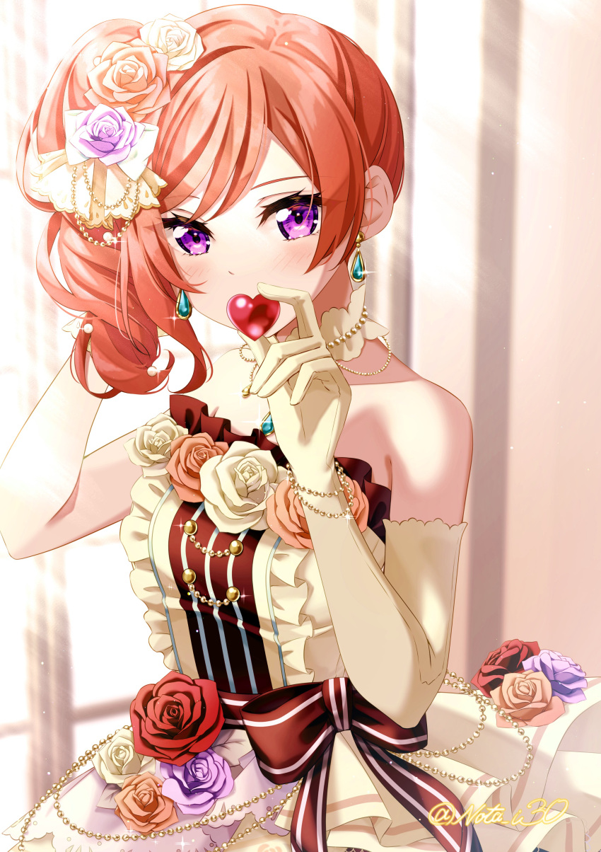 1girl absurdres bangs black_bow blurry blurry_background blush bow commentary covered_mouth dress earrings elbow_gloves eyebrows_visible_through_hair flower frilled_dress frills gloves hair_flower hair_ornament hand_in_own_hair heart highres holding holding_heart indoors jewelry light_rays looking_at_viewer love_live! love_live!_school_idol_festival_all_stars love_live!_school_idol_project medium_hair nishikino_maki nota_ika official_alternate_costume orange_flower orange_rose purple_flower purple_rose red_flower red_rose redhead ringlets rose seamed_gloves side_ponytail sidelighting single_elbow_glove solo strapless strapless_dress swept_bangs teardrop_earring tsurime twitter_username upper_body violet_eyes waist_bow white_flower white_rose window yellow_dress yellow_gloves