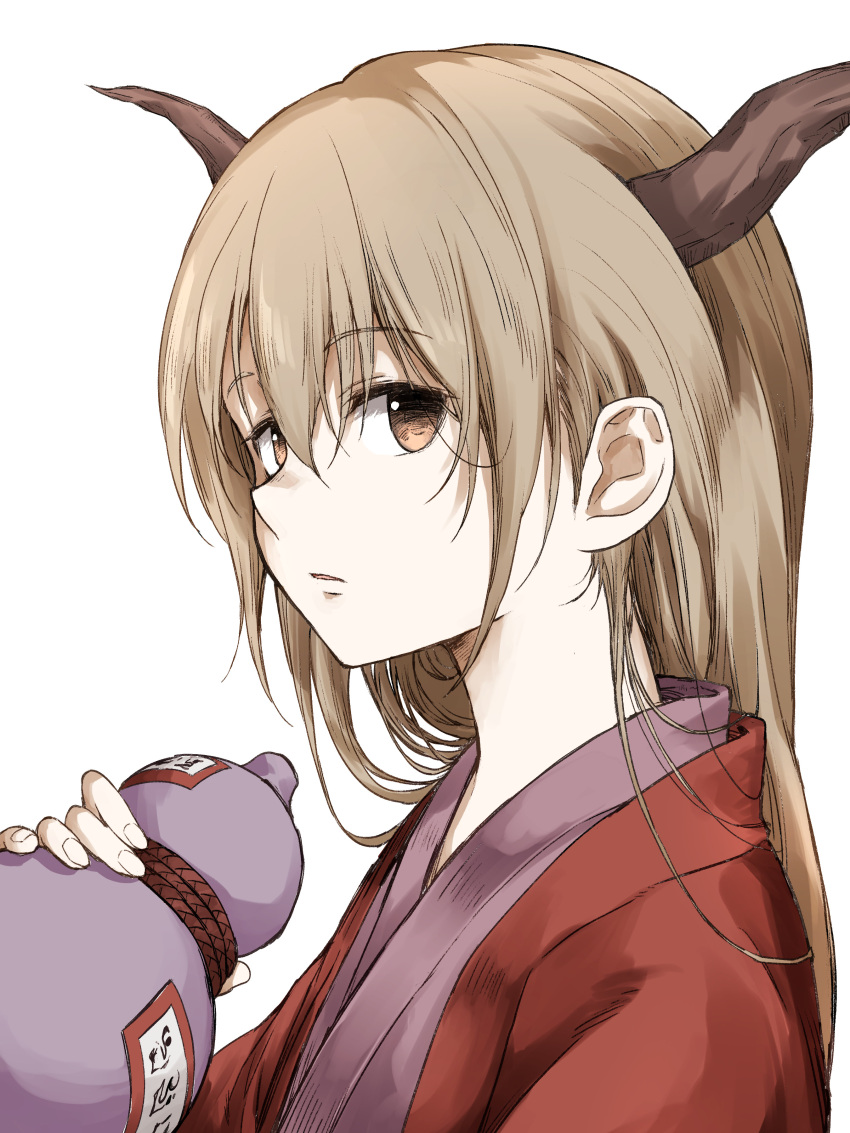 1girl absurdres alternate_costume bangs expressionless eyebrows_visible_through_hair gourd hair_between_eyes highres holding horns ibuki_suika japanese_clothes kimono long_hair looking_at_viewer parted_lips shimoda_masaya single_horn solo touhou upper_body white_background