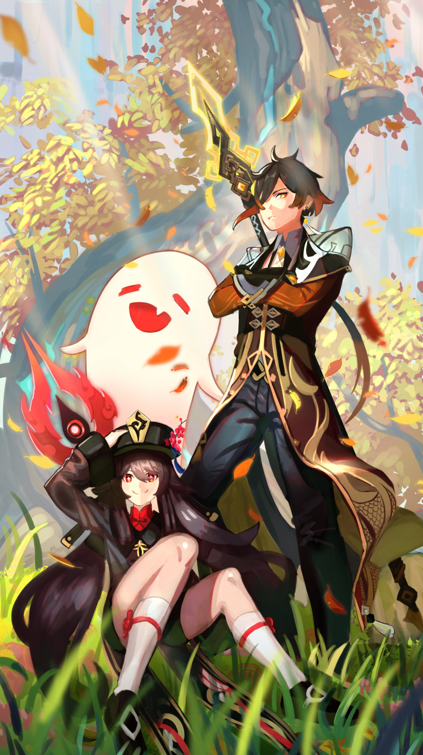 1boy 1girl absurdres brown_hair chinese_clothes coat flower genshin_impact ghost gradient_hair hat highres holding holding_clothes holding_hat hu_tao_(genshin_impact) long_hair looking_at_viewer multicolored_hair plum_blossoms red_eyes staff_of_homa_(genshin_impact) symbol-shaped_pupils tall_male twintails yellow_eyes zhongli_(genshin_impact)