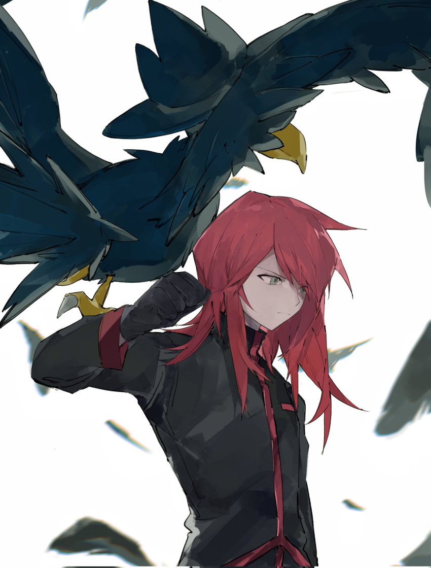 1boy bangs bird black_gloves black_jacket blurry closed_mouth commentary feathers frown gloves grey_eyes hand_up highres jacket long_hair looking_down male_focus murkrow pokemon pokemon_(creature) pokemon_adventures redhead sakanobo_(sushi1021) silver_(pokemon) upper_body