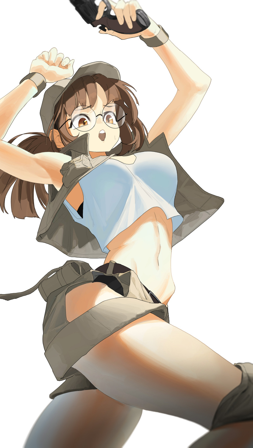 1girl absurdres bangs baseball_cap breasts brown_eyes brown_hair eyebrows_visible_through_hair fio_germi ghdwid glasses gun hat highres knee_pads large_breasts metal_slug midriff open_clothes open_shorts revolver shirt short_hair shorts simple_background weapon white_background white_shirt wristband