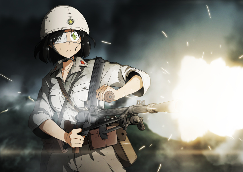 1girl belt black_hair blurry blurry_background brown_pants closed_mouth collared_shirt commentary english_commentary eyepatch firing frown green_eyes grey_headwear grey_shirt gun helmet highres holding holding_gun holding_weapon imperial_japanese_army light_machine_gun long_sleeves machine_gun military military_uniform mrxinom original outdoors pants pouch sam_browne_belt shirt short_hair soldier solo standing star_(symbol) type_99_light_machine_gun uniform weapon world_war_ii