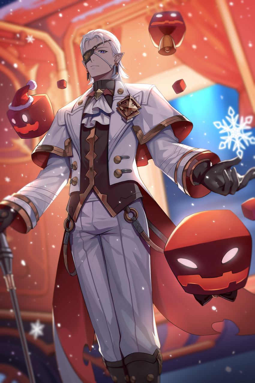 1boy 2r-_(pixiv8168114) absurdres alchemy_stars ascot bell black_gloves black_shirt blurry blurry_background boots cane closed_mouth earrings eyepatch gloves hat highres jacket jewelry jingle_bell long_sleeves male_focus nails_(alchemy_stars) official_alternate_costume pants pointy_ears santa_hat shirt short_hair snow snowflakes solo standing tailcoat violet_eyes white_ascot white_hair white_jacket white_pants