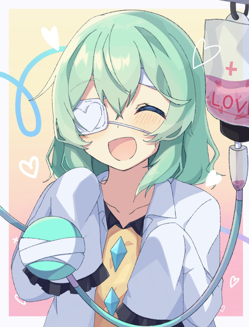 1girl :d blush closed_eyes eyepatch floppy_sleeves green_hair hair_between_eyes happy heart highres intravenous_drip komeiji_koishi kudamono25253 long_sleeves no_hat no_headwear open_mouth shirt sleeves_past_fingers sleeves_past_wrists smile solo touhou upper_body