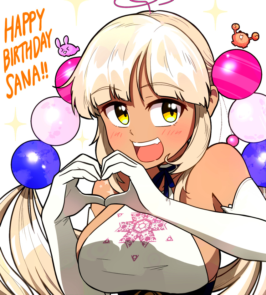 &gt;_&lt; 1girl bangs bare_shoulders blonde_hair crab dark-skinned_female dark_skin ddolbang drooling elbow_gloves english_text eyebrows_visible_through_hair gloves happy_birthday heart heart_hands highres hololive hololive_english korean_commentary limiter_(tsukumo_sana) long_hair looking_at_viewer open_mouth smile sparkle_background tsukumo_sana twintails upper_body virtual_youtuber white_gloves yellow_eyes