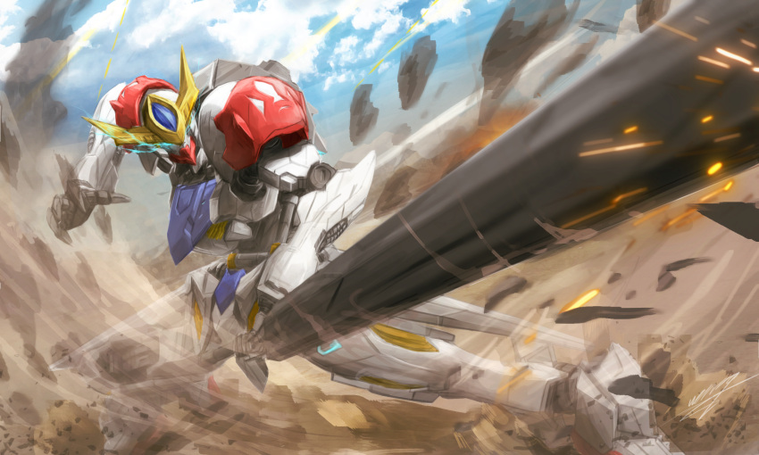 antennae clouds debris dust electricity glowing glowing_eyes gundam gundam_barbatos_lupus gundam_tekketsu_no_orphans highres huge_weapon mace mecha no_humans sky solo sparks weapon wenrq