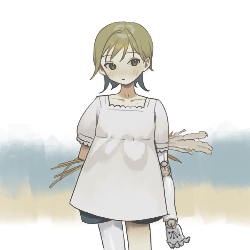 1girl arm_behind_back bangs blonde_hair blue_shorts blush brown_eyes collarbone cowboy_shot highres holding m09_mirage090 original prosthesis prosthetic_arm prosthetic_leg short_hair short_sleeves shorts solo standing