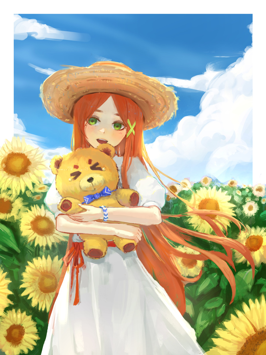 &gt;_&lt; 1girl absurdres bangs border bow bowtie clouds commentary_request dot_nose dress flower green_eyes hair_ornament hat highres holding long_hair open_mouth orange_hair original outdoors painting_(medium) parted_bangs qian-li-xin-hen shadow short_sleeves side-tie_dress sky solo straw_hat stuffed_animal stuffed_toy sunflower teddy_bear teeth traditional_media upper_teeth white_border white_dress white_sleeves wristband x_hair_ornament