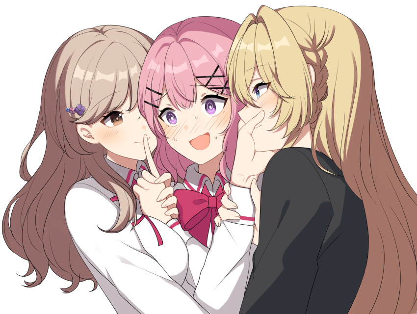 3girls @_@ amaori_renako arm_between_breasts ashigaya_high_school_uniform between_breasts black_jacket blazer blonde_hair blue_eyes bow bowtie braid breasts brown_eyes brown_hair closed_mouth collared_shirt commentary_request covering_another's_mouth finger_to_another's_mouth flower_hairpin girl_sandwich hair_intakes hair_ornament hairclip highres hiruver holding_another's_wrist jacket long_hair long_sleeves medium_hair multiple_girls nape_braid neck_ribbon ouzuka_mai parallel_hairclips pink_bow pink_bowtie pink_hair red_bow red_bowtie red_ribbon ribbon sandwiched school_uniform sena_ajisai shirt side_braid sidelocks simple_background smile swept_bangs upper_body violet_eyes watashi_ga_koibito_ni_nareru_wake_naijan_murimuri! wavy_hair white_background white_shirt x_hair_ornament yuri