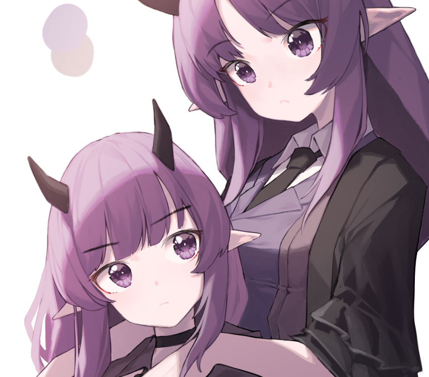 2girls arknights bangs beudelb black_choker black_jacket black_necktie blunt_bangs breasts choker closed_mouth eyebrows_visible_through_hair hands_on_another's_shoulders hibiscus_(arknights) hibiscus_the_purifier_(arknights) highres horns jacket lava_(arknights) lava_the_purgatory_(arknights) long_hair looking_at_another looking_at_viewer medium_breasts multiple_girls necktie open_clothes open_jacket parted_bangs pointy_ears purple_hair short_sleeves siblings simple_background sisters twins upper_body violet_eyes white_background wing_collar