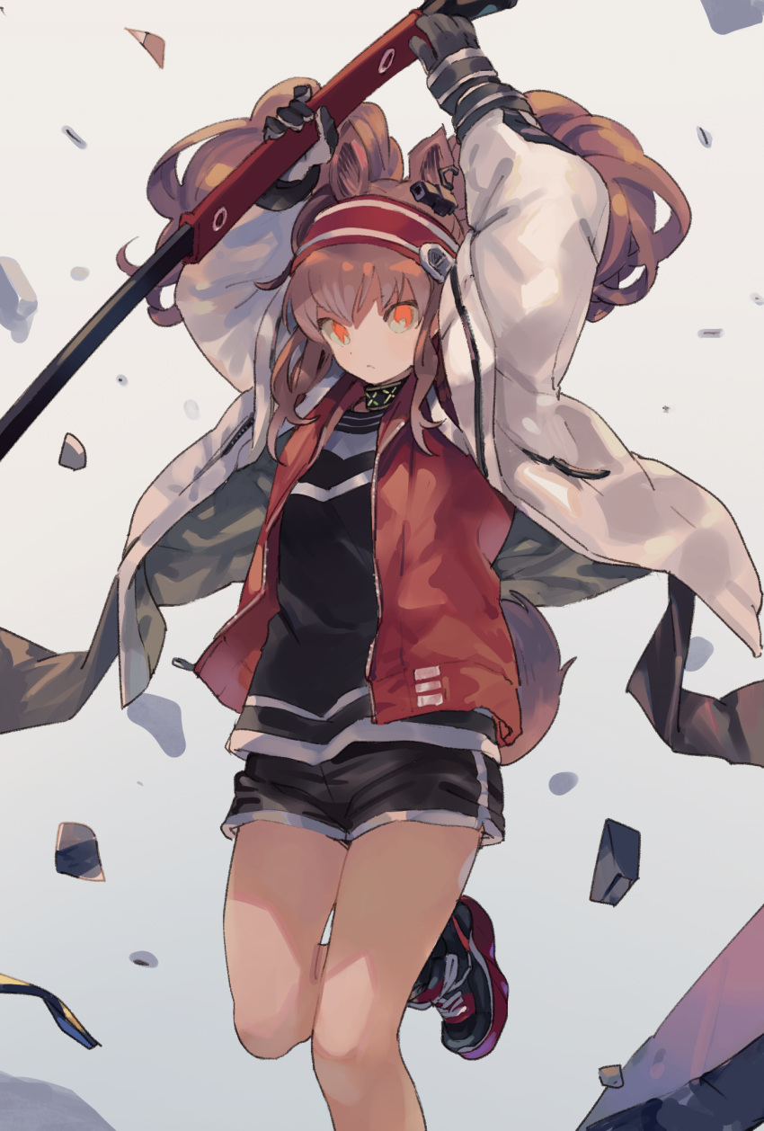 1girl angelina_(arknights) animal_ears arknights arms_up bangs black_footwear black_gloves black_shirt black_shorts brown_hair choker closed_mouth coat debris earpiece foot_out_of_frame gloves high_tops highres holding holding_staff jacket long_hair long_sleeves looking_at_viewer orange_eyes red_jacket shirt shoes short_shorts shorts sneakers solo staff standing standing_on_one_leg tail urayamashiro_(artist) white_coat