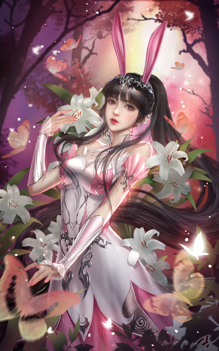 1girl absurdres animal_ears brown_hair bug butterfly douluo_dalu douluo_dalu_xiaowu_zhuye dress flower hair_ornament hand_up highres light long_hair pink_dress pink_sky plant ponytail rabbit_ears solo tree upper_body xiao_wu_(douluo_dalu)