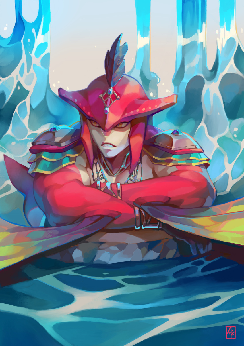 1boy absurdres alejandro_tio armor artist_logo biceps colored_skin feathers furry furry_male hat_feather highres looking_to_the_side lying male_focus mature_male muscular muscular_male red_skin rock shark_boy shoulder_armor shoulder_pads sidon solo teeth the_legend_of_zelda the_legend_of_zelda:_breath_of_the_wild upper_body water waterfall yellow_eyes zora