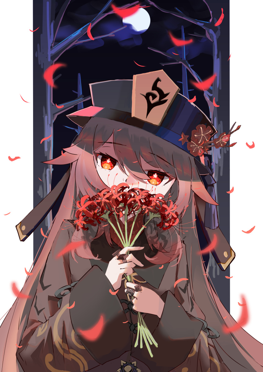 1girl black_nails brown_hair chinese_clothes eyebrows_visible_through_hair flower flower-shaped_pupils genshin_impact hair_between_eyes hair_flower hair_ornament hat highres hu_tao_(genshin_impact) jewelry looking_at_viewer plum_blossoms porkpie_hat red_eyes ring sidelocks symbol-shaped_pupils