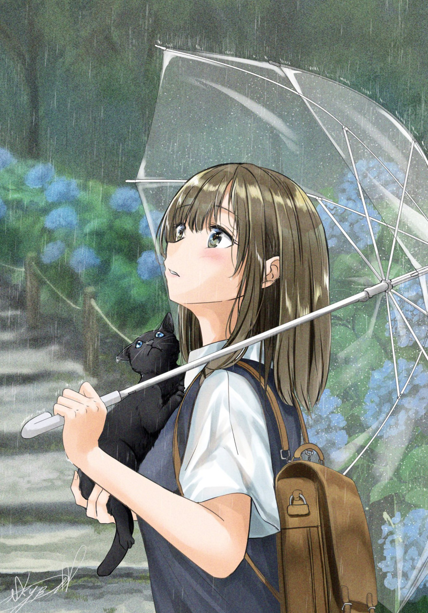 1girl bag black_cat blue_flower blush brown_hair cat flower highres holding holding_umbrella hydrangea looking_afar looking_up medium_hair original outdoors rain school_bag school_uniform soragane_(banisinngurei) stairs transparent transparent_umbrella umbrella water_drop