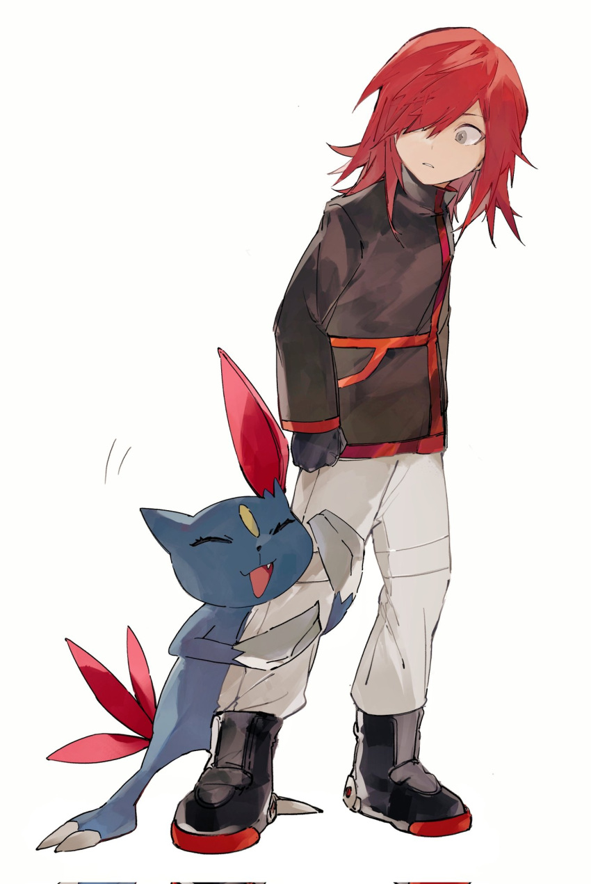 1boy black_footwear black_gloves boots brown_jacket commentary gloves grey_eyes grey_pants highres hugging_another's_leg jacket long_hair looking_down male_focus pants parted_lips pokemon pokemon_adventures redhead sakanobo_(sushi1021) silver_(pokemon) sneasler standing white_background