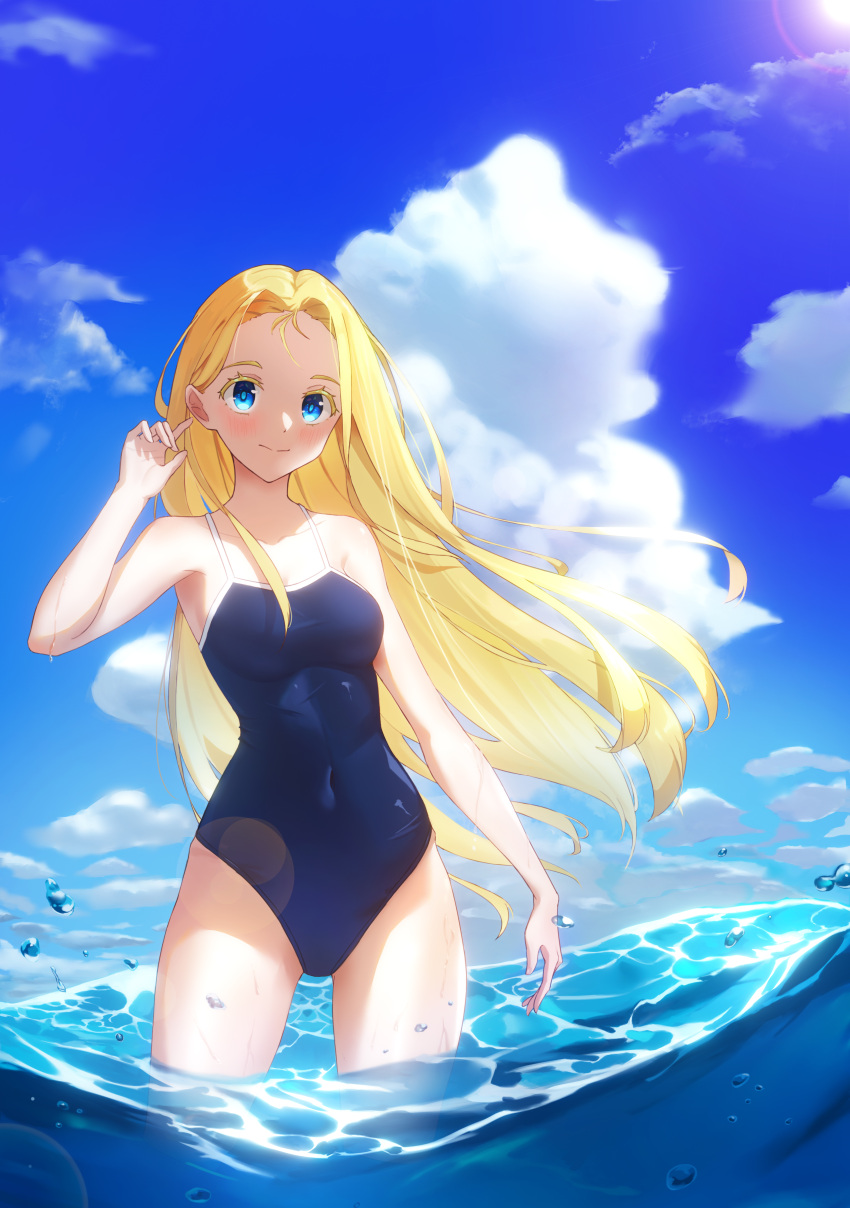 1girl absurdres blonde_hair blue_eyes blue_sky breasts clouds competition_school_swimsuit covered_navel cowboy_shot forehead hair_intakes highres kofune_ushio long_hair outstretched_arms partially_underwater_shot school_swimsuit sitting sky small_breasts solo standing summertime_render swimsuit very_long_hair vvy_(pixiv8292538)