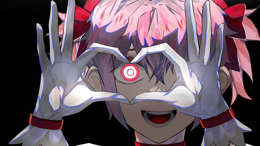 1girl absurdres bangs black_background choker close-up gloves hair_ribbon heart heart_hands highres kaname_madoka looking_at_viewer mahou_shoujo_madoka_magica one_eye_covered open_mouth pink_eyes pink_hair ppingko red_choker red_ribbon ribbon simple_background smile solo white_gloves wrist_cuffs