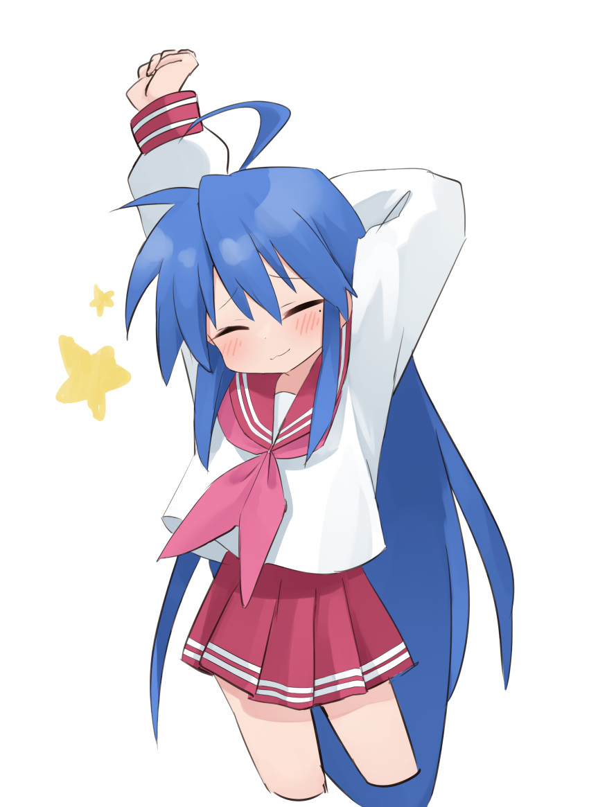 1girl :3 absurdres ahoge arms_up bangs blue_hair blush closed_eyes cowboy_shot cropped_legs eyebrows_visible_through_hair highres izumi_konata long_hair long_sleeves lucky_star mole mole_under_eye neckerchief pepsi2330 pink_neckerchief red_sailor_collar red_skirt ryouou_school_uniform sailor_collar school_uniform serafuku shirt simple_background skirt solo star_(symbol) white_background white_shirt