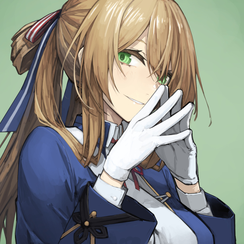 1girl bangs banned_artist blue_jacket breasts commentary girls_frontline gloves green_background green_eyes hair_between_eyes hair_ribbon hair_rings highres jacket long_hair long_sleeves looking_at_viewer mikoto_(oi_plus) parted_lips ponytail ribbon simple_background sketch solo springfield_(girls'_frontline) steepled_fingers upper_body white_gloves