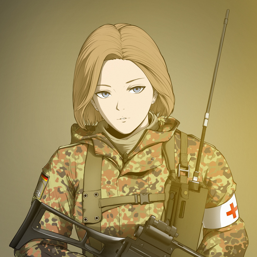 1girl absurdres armband assault_rifle blonde_hair blue_eyes breasts camouflage camouflage_jacket earrings german_flag gradient gradient_background gun h&amp;k_g36 highres hood hood_down jacket jewelry marvin_(omarvin) medic medium_breasts original parted_lips rifle solo stud_earrings upper_body walkie-talkie weapon