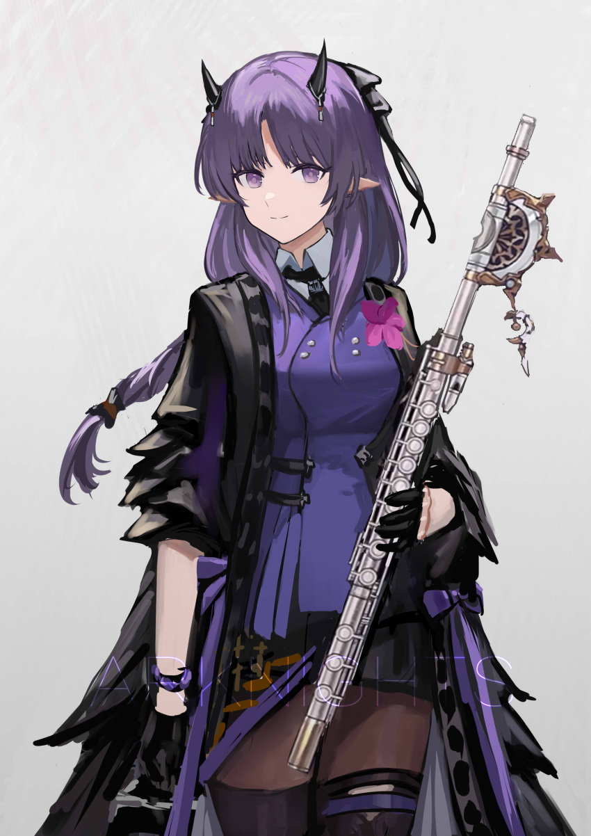 1girl absurdres arknights bangs black_hair black_necktie breasts collared_shirt copyright_name demon_horns flower flute gloves half_gloves hibiscus_(arknights) hibiscus_the_purifier_(arknights) highres holding holding_instrument horns instrument jacket long_hair long_sleeves medium_breasts necktie open_clothes open_jacket orlijiang pantyhose pointy_ears purple_hair shirt simple_background skirt solo thigh-highs violet_eyes white_background