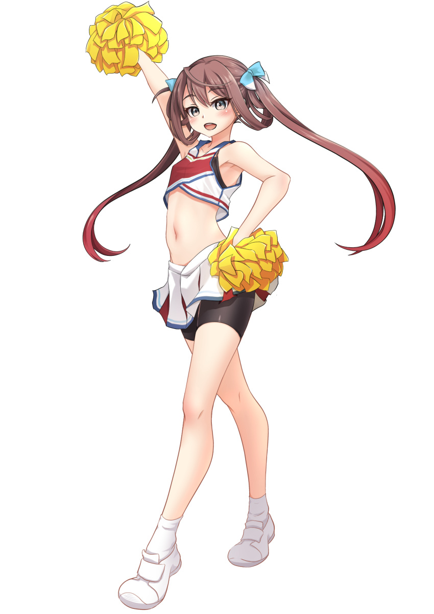 1girl absurdres alternate_costume arm_up asagumo_(kancolle) bike_shorts black_shorts brown_hair cheerleader crop_top crop_top_overhang crossed_legs full_body grey_eyes hair_ribbon hair_rings highres holding holding_pom_poms kantai_collection long_hair looking_at_viewer makura_(y_makura) midriff miniskirt pleated_skirt pom_pom_(cheerleading) ribbon shirt shoes shorts shorts_under_skirt simple_background skirt sleeveless sleeveless_shirt sneakers solo standing twintails white_background white_footwear white_skirt