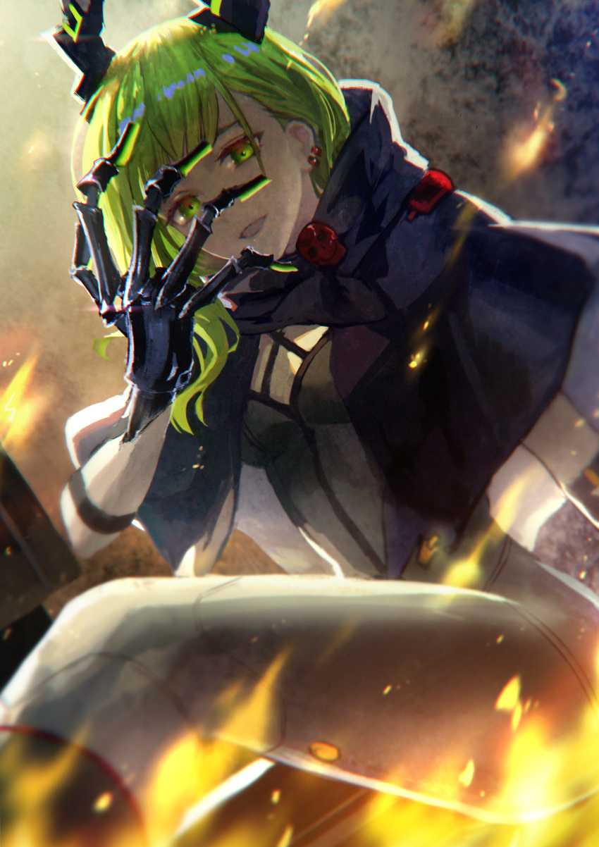 1girl absurdres black_rock_shooter black_rock_shooter:_dawn_fall dead_master fire green_eyes green_hair highres horns igapon long_hair looking_at_viewer open_mouth solo upper_body