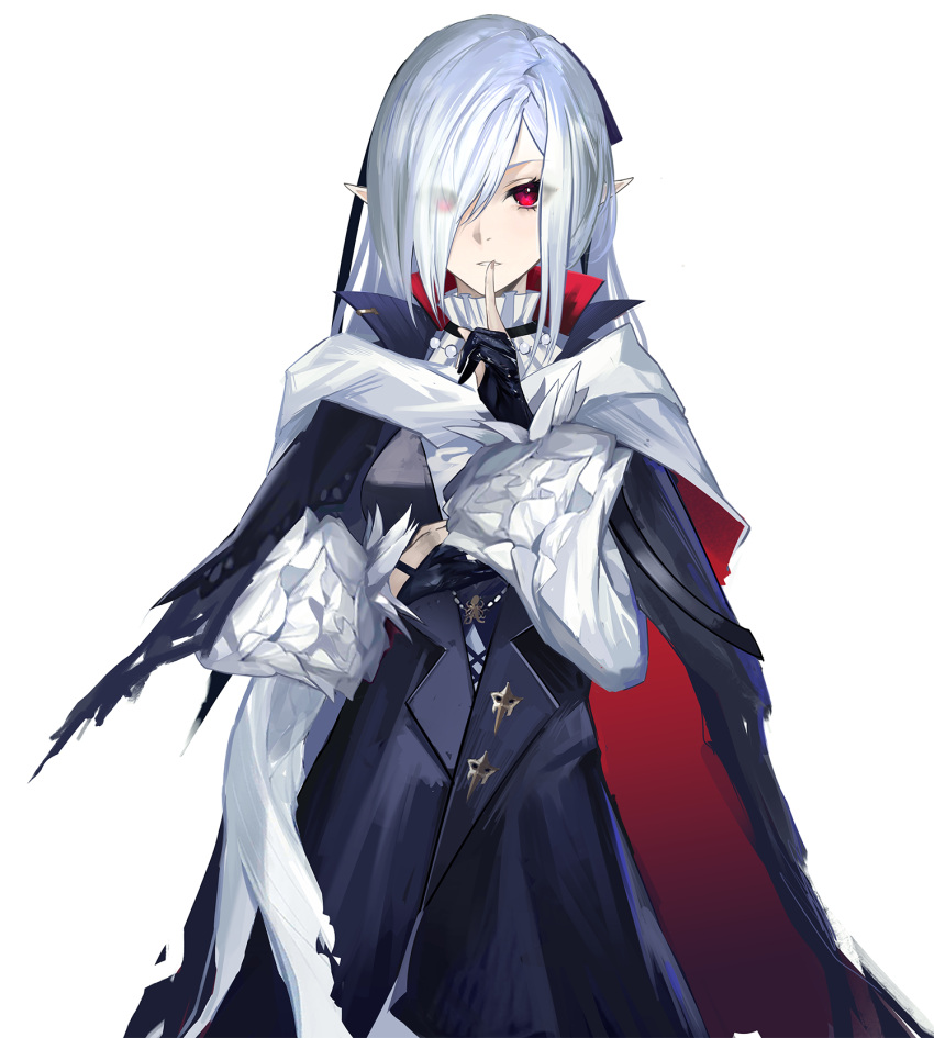 1girl arknights black_cape black_coat black_gloves cape coat cowboy_shot drive_shot eyes_visible_through_hair finger_to_mouth frilled_sleeves frills gladiia_(arknights) gladiia_(return)_(arknights) gloves grey_hair hair_over_one_eye highres index_finger_raised jewelry long_hair long_sleeves looking_at_viewer necklace official_alternate_costume parted_lips partially_fingerless_gloves pointy_ears red_eyes shushing simple_background solo very_long_hair white_background
