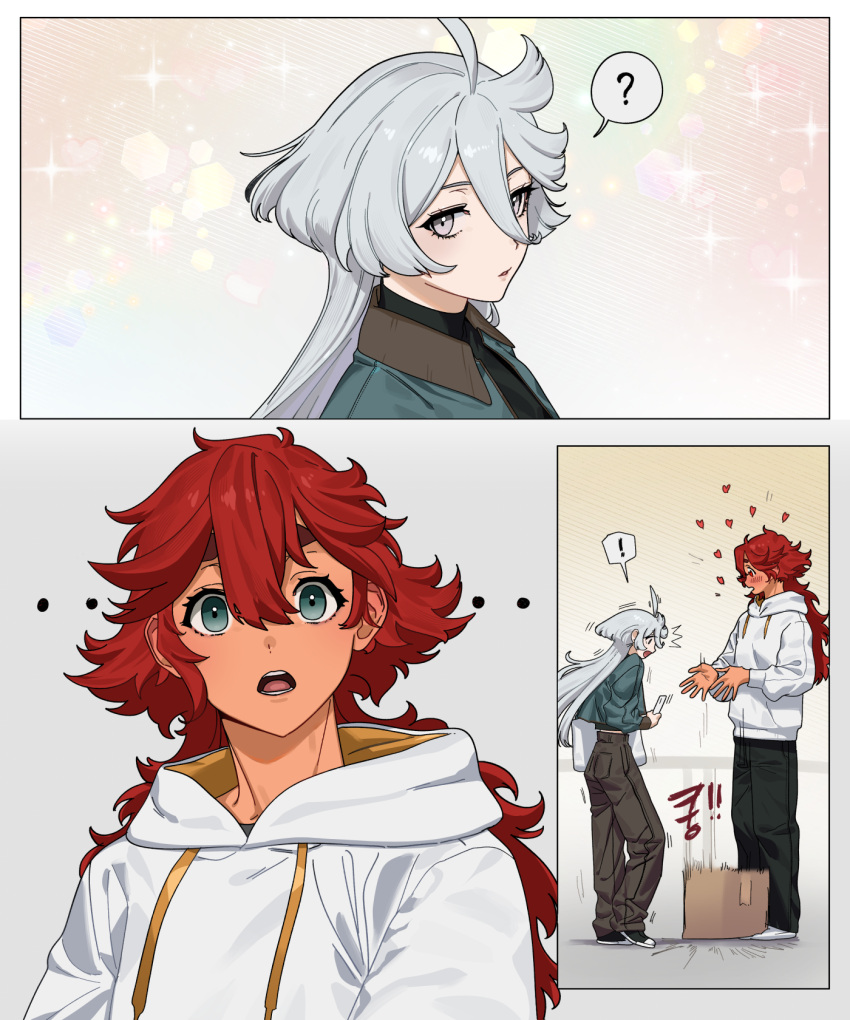 2girls ? baesong black_pants blue_eyes blush box brown_pants cardboard_box cellphone commentary contemporary curly_hair green_jacket grey_eyes grey_hair gundam gundam_suisei_no_majo heart heart-shaped_pupils highres holding holding_phone hood hoodie jacket long_hair miorine_rembran multiple_girls open_mouth pants parted_lips phone red_hair smartphone spoken_question_mark suletta_mercury symbol-shaped_pupils thick_eyebrows white_hoodie yuri