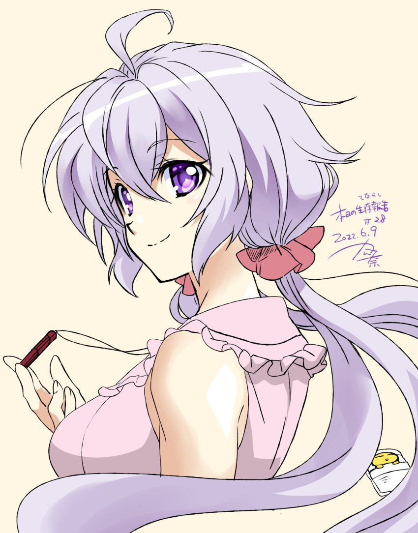 1girl ahoge bangs bare_shoulders breasts closed_mouth dated eyebrows_visible_through_hair hair_between_eyes highres kanna_(plum) large_breasts light_purple_hair long_hair looking_at_viewer low_twintails numbered painttool_sai_(medium) scrunchie senki_zesshou_symphogear shiny shiny_hair shiny_skin simple_background solo symphogear_pendant twintails violet_eyes yukine_chris