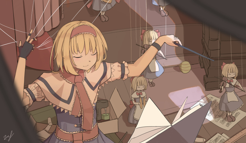 1girl absurdres alice_margatroid blonde_hair book bow capelet closed_eyes conductor doll dress from_above hairband highres polearm puppet_strings shanghai_doll short_hair smile solo string thread touhou vanilla_flan weapon