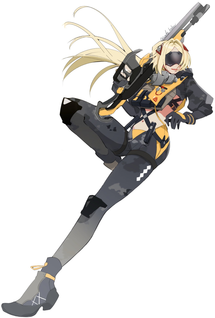 1girl asymmetrical_gloves black_gloves black_pants blindfold blindfold_mask blonde_hair camouflage camouflage_jacket camouflage_pants covered_eyes eye_mask fingerless_gloves gloves glowing_mask gun gunblade hair_ornament handgun harness highres jacket latex_pants long_hair looking_to_the_side mismatched_gloves navel open_mouth pants ponytail rifle shrug_(clothing) single_fingerless_glove sniper_rifle solo standing standing_on_one_leg stomach tight_clothes tight_pants triangle_hair_ornament trigger_(zenless_zone_zero) twitter_username weapon white_background zenless_zone_zero zipper_pull_tab zunda_kaku